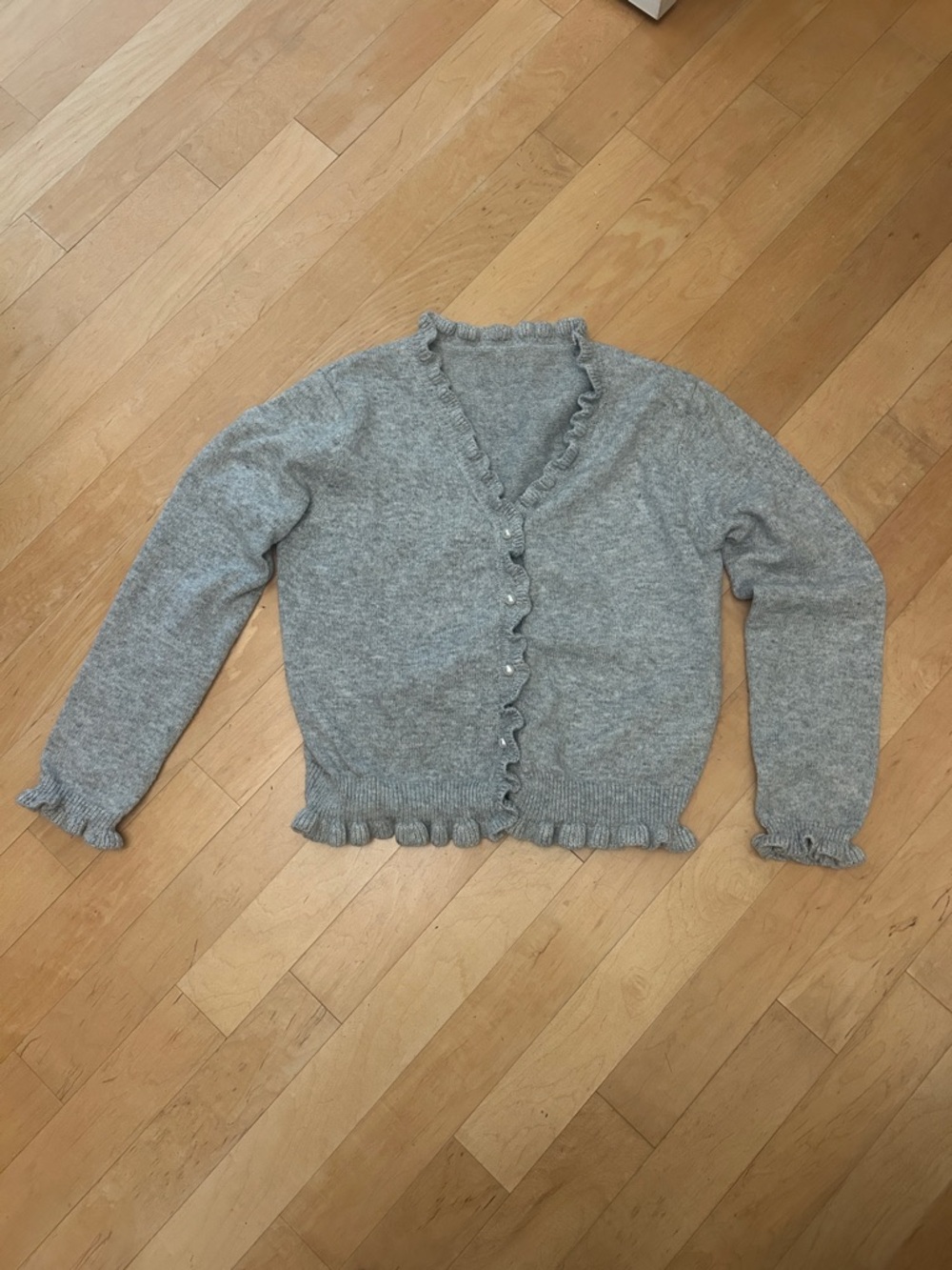 SHEIN Gray Ruffle-Trim Button Cardigan